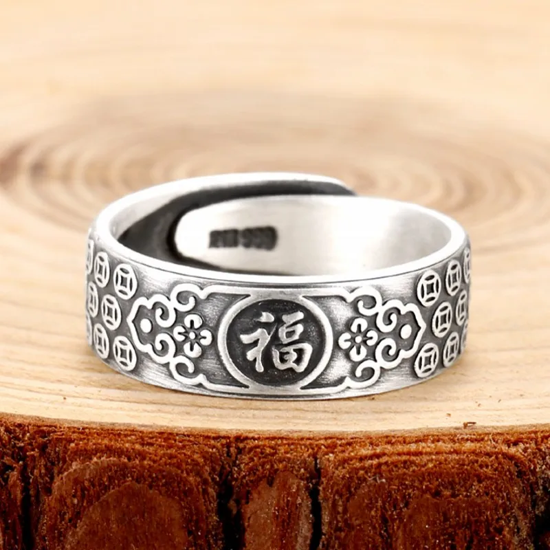 s999 pure silver jewelry Thai silver creative matte style money happy character / blessing character men and women  luck ring