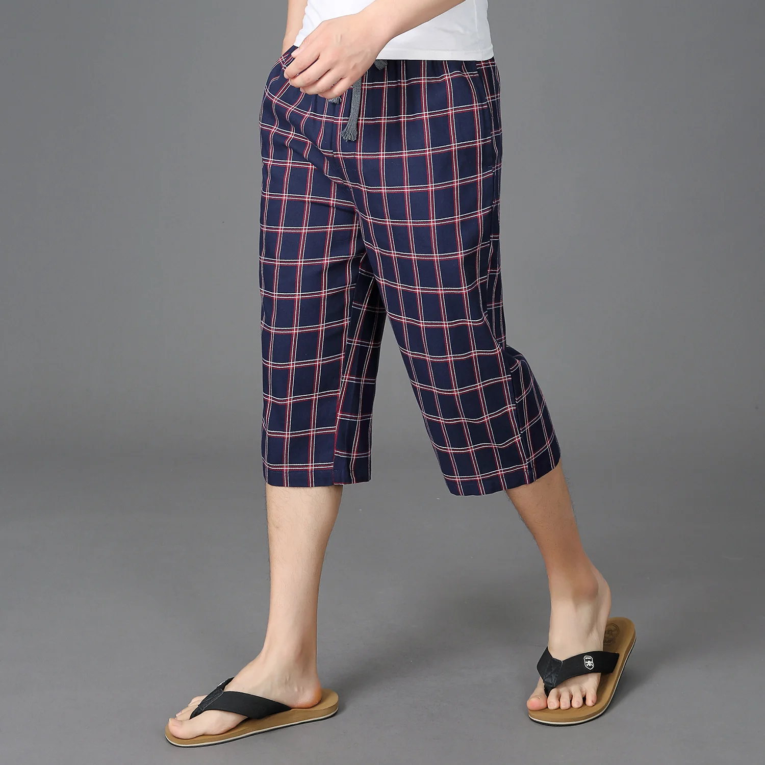 

Casual Plaid 100% cotton Cropped Trousers men sleep bottoms simple sleepwear pants for male home trousers