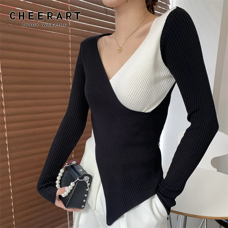 CHEERART Black And White Patchwork Knit Top Korean Fashion Wrap V Neck Ribbed Top Knitted Blouse Ladies Tops 2021 Spring