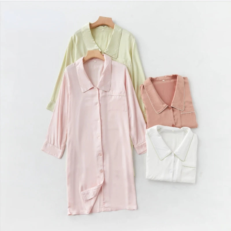 

2021 Autumn Satin Long Nightdress Light Shirt Home Service Pointed Collar Solid Color Sleep Dress Female Simplicity Nightgowns