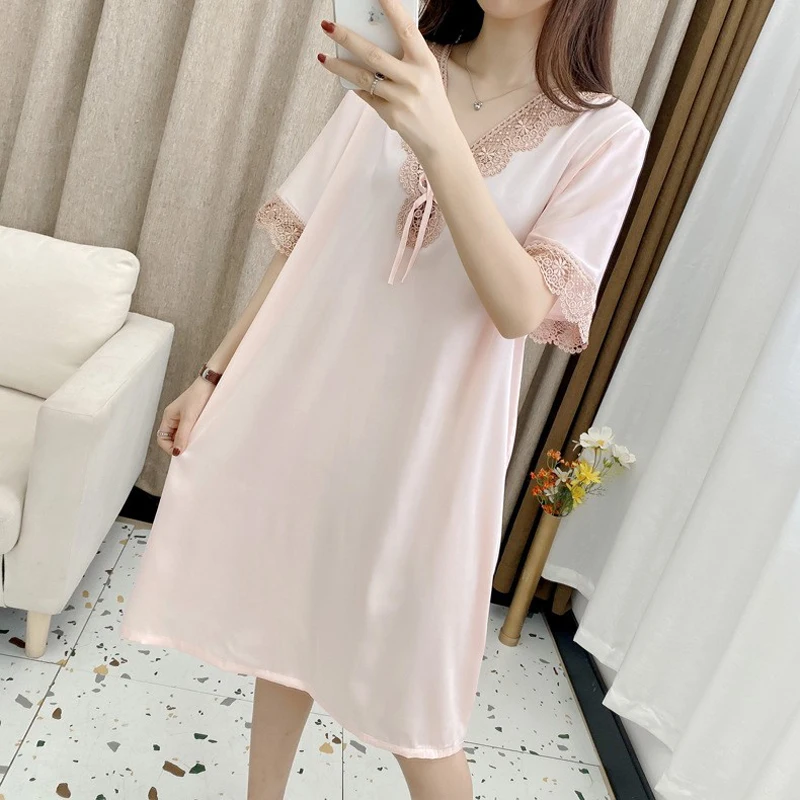 

summer New Night Dress Women Silky Satin Nightgown Sexy Lace Trim Sleepshirts Short-sleeves Nightie Nightdress Rayon Sleepwear