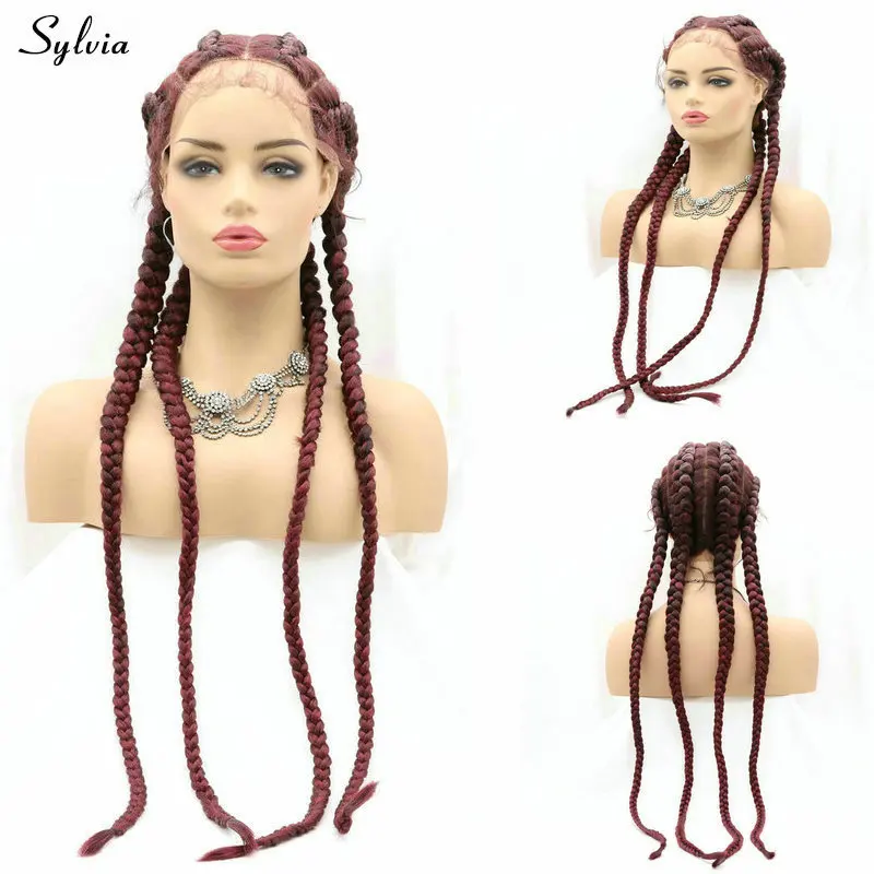 

Sylvia Handmade Box Synthetic Braided Lace Front Wig with Baby Hair 5 Color All Middle Part Big Braiding for Women 32inches 99J#