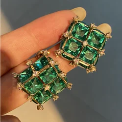 Zircon women Square green square zircon earrings translucent crystal retro three-dimensional silver needle earrings