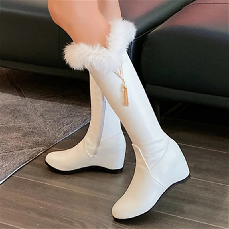 

2021 Women Boots Autumn Winter Warm High Heel Round Toe New Fashion Mid-calf Zip Slope heel White black Big Size 34-43