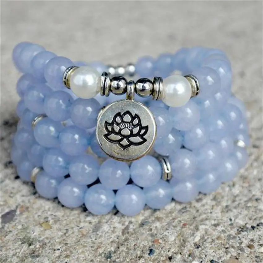 

8mm Aquamarine 108 Beads Gemstone Mala Necklace Bracelet Prayer Classic Retro Meditation Chakra Wristband Japa Tibetan Religious