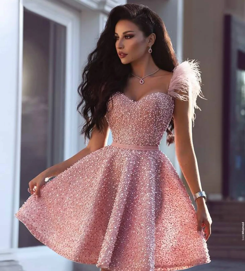 Roze Luxe Cocktail Jurken 2022 Korte Prom Dress Crystal Pailletten Veren Homecoming Jurken Vrouwen Nieuwe Elegante Afstuderen Jurk