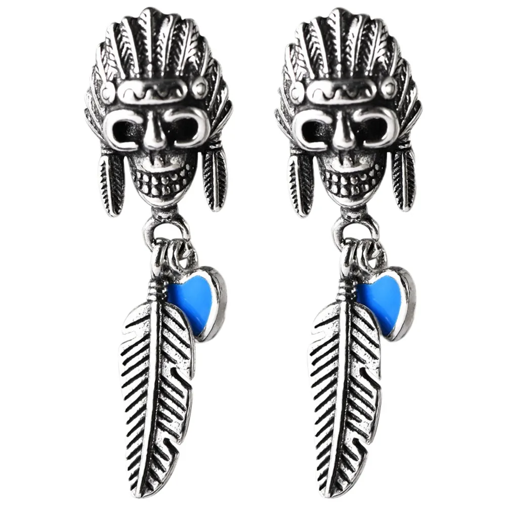 

BOCAI New Real s925 sterling silver men's skull feathers fashionable hip-hop Man earrings