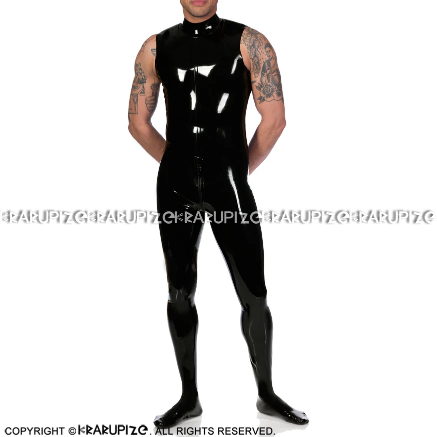 Catsuit de látex sin mangas para hombre y mujer, traje Sexy negro con cuello alto con cremalleras, de goma, para LTY-0275