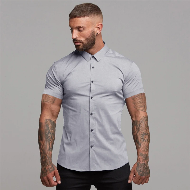 Summer Fashion Man Short Sleeve Shirt Solid Fitness Mens Turn-down Collar Super Slim Fit Business Dress Shirt Button Gym Tops