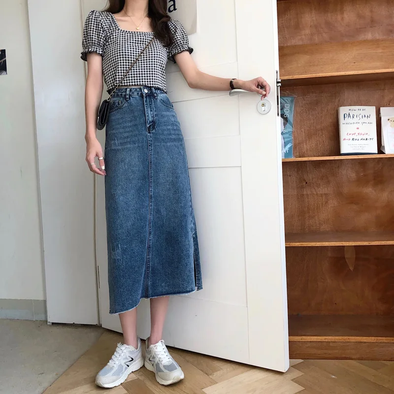 

2024 Autumn Winter New High Waist Slim Sexy Split Denim Skirt Korean Simple Solid Color Women A-line Long Skirt Free Shipping