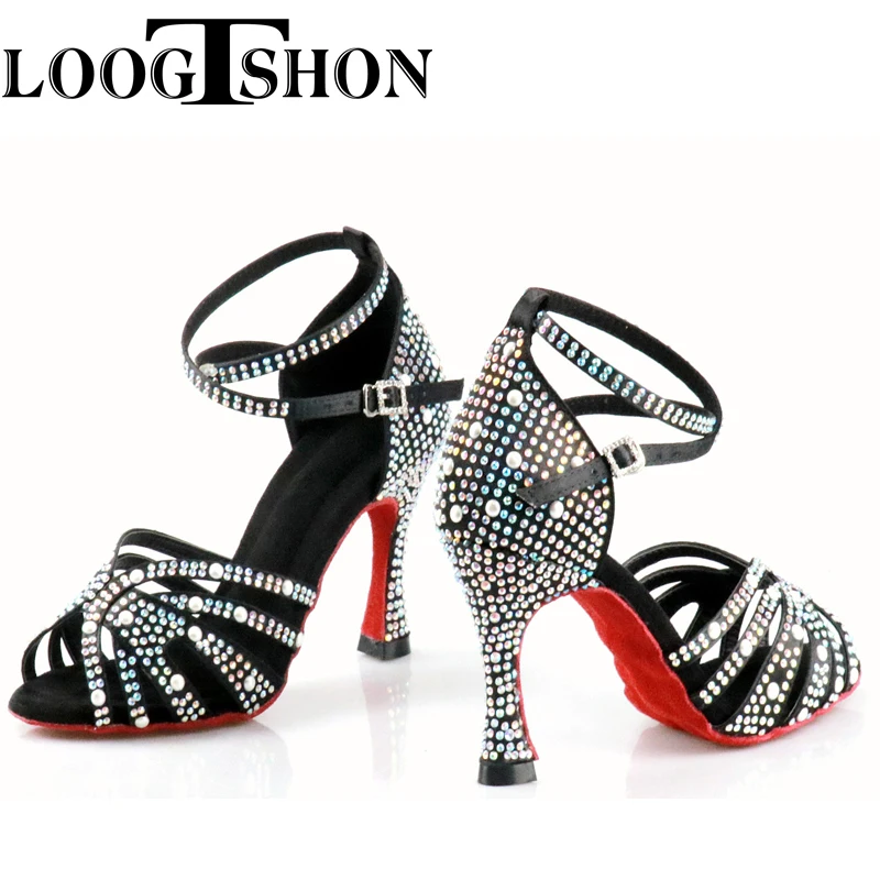 Loogtshon Rhinestone profesjonalny taniec latynoski obcas 9CM różowy czarny dama taniec buty miękkie Samba Rumba Cha Cha buty do tańca PROMO