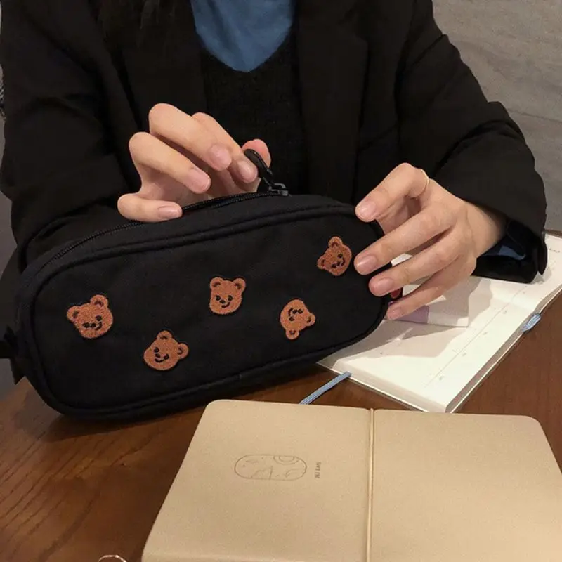 Tas Pensil Kanvas Bordir Beruang Lucu Kotak Pena Hadiah Anak-anak Dompet Alat Tulis Kosmetik Perlengkapan Kantor Sekolah