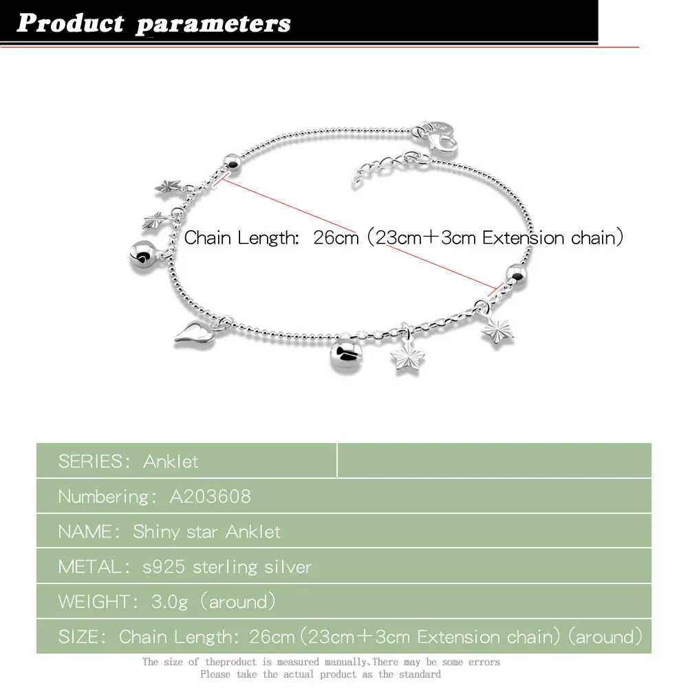 Fashion 925 Sterling Silver Anklet Women Delicate Style Gleaming Star Pendant Chain Girls Birthday Gift Anniversary Leg Chaîns