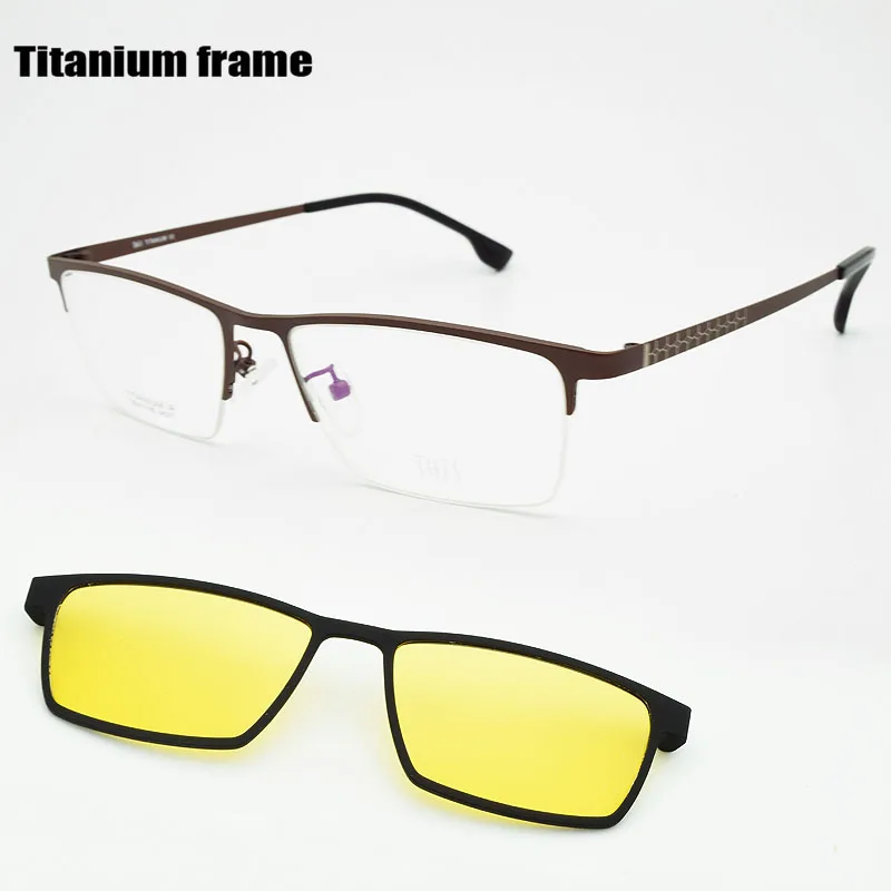 Half Frame Titanium Glasses Frame Myopia For Men Sunglasses Night-Vision Goggles with Polarized Clip Set of Magnet  Lens
