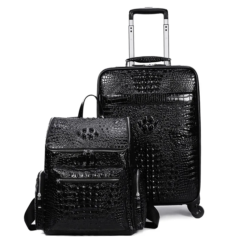 GraspDream New Men Crocodile head layer cowhide luggage sets cabin travel bags on wheels business trolley suitcase with handbag