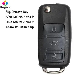 KEYECU Flip zdalny kluczyk z 3 przyciskami 433MHz układ ID48 dla Skoda Octavia Superb Fabia 2001 2002 2003 2004 Fob 1J0 959 753 P