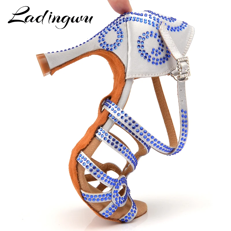 Ladingwu – chaussures de danse latine pour femmes, talon de 9cm, Double strass, bleu brillant, argent, gris, Satin, salle de bal, Cuba