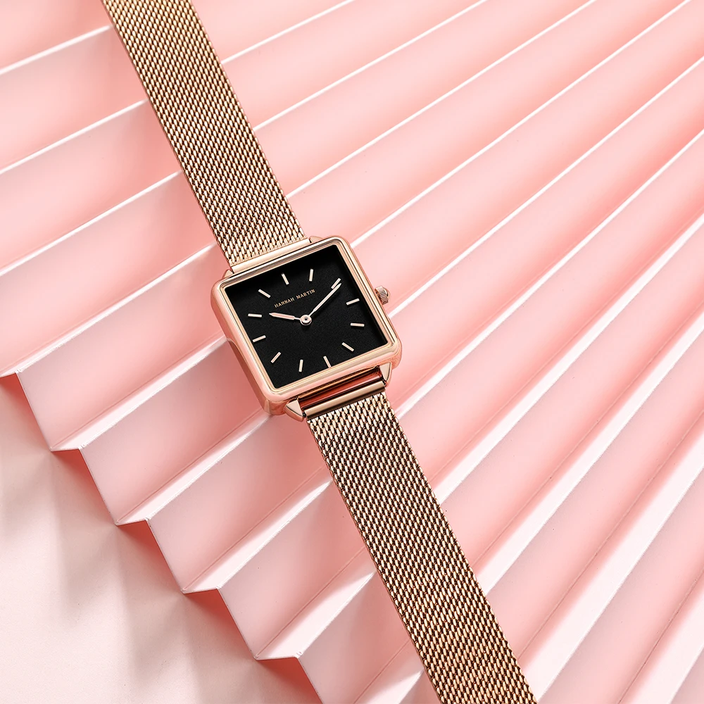 Hannah Martin New Full Solid Stainless Steel Square Dial Japan Movement Quartz Gift Rose Gold Ladies Top Brand Watches for Women