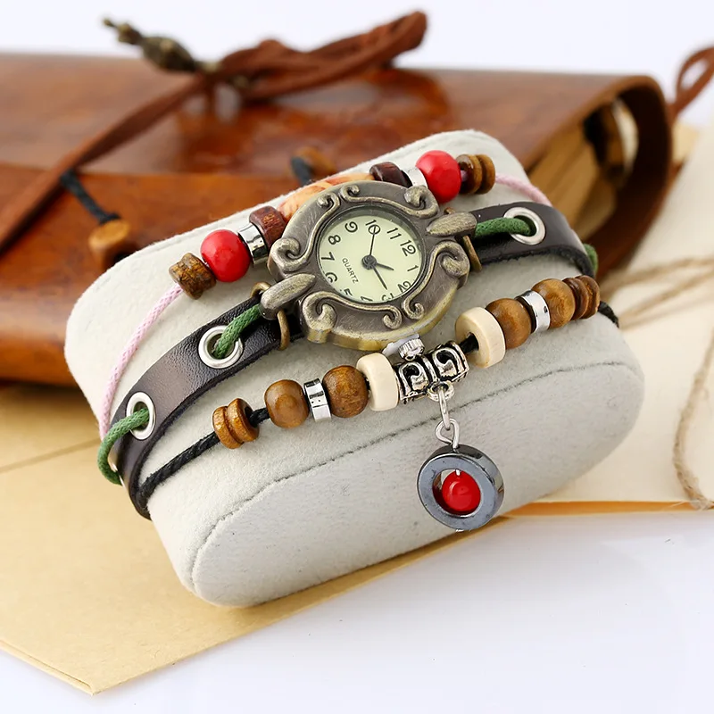 Jessingshow Women Retro Rivet Braided Bracelet Leather Strap Vintage Wood Beads Jewelry Watch Clock Digital Adjustable Bracelets