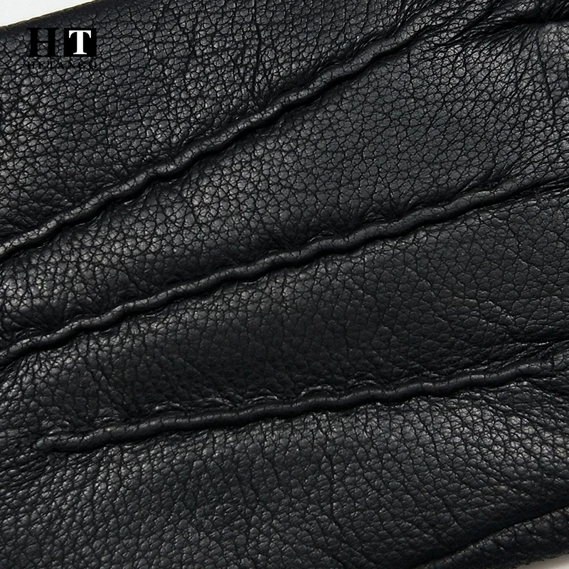 Guantes de cuero para hombre, manoplas cálidas, suaves, de costura negra, diseño ondulado, de piel de cerdito para pantalla táctil, forro de lana de