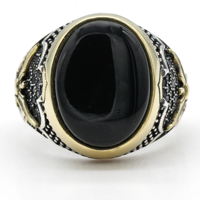 925 Sterling Silver for Men Ring with Oval Black Natural Onyx Stone Ring Peace Symbol for Male Thai Silver Turkish Jewelry