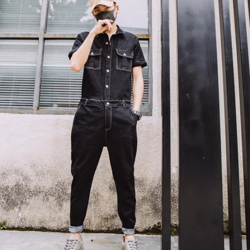 Harajuku Mens One Piece Denim Jumpsuit Hawk Embroidery Jeans Bib Overall Streetwear Zipper Sleeve Suit Long Cargo Pants Pockets