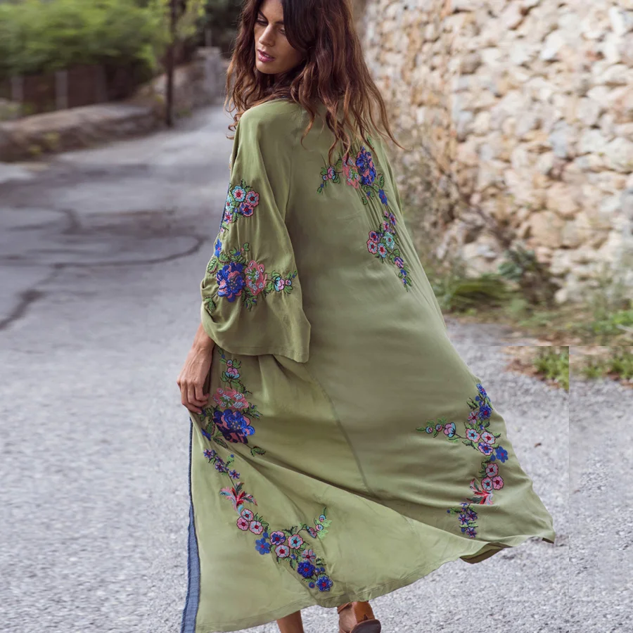 TEELYNN-cárdigan largo bohemio verde claro para mujer, ropa de playa con bordado Floral, Túnica Kimono, blusa holgada de verano