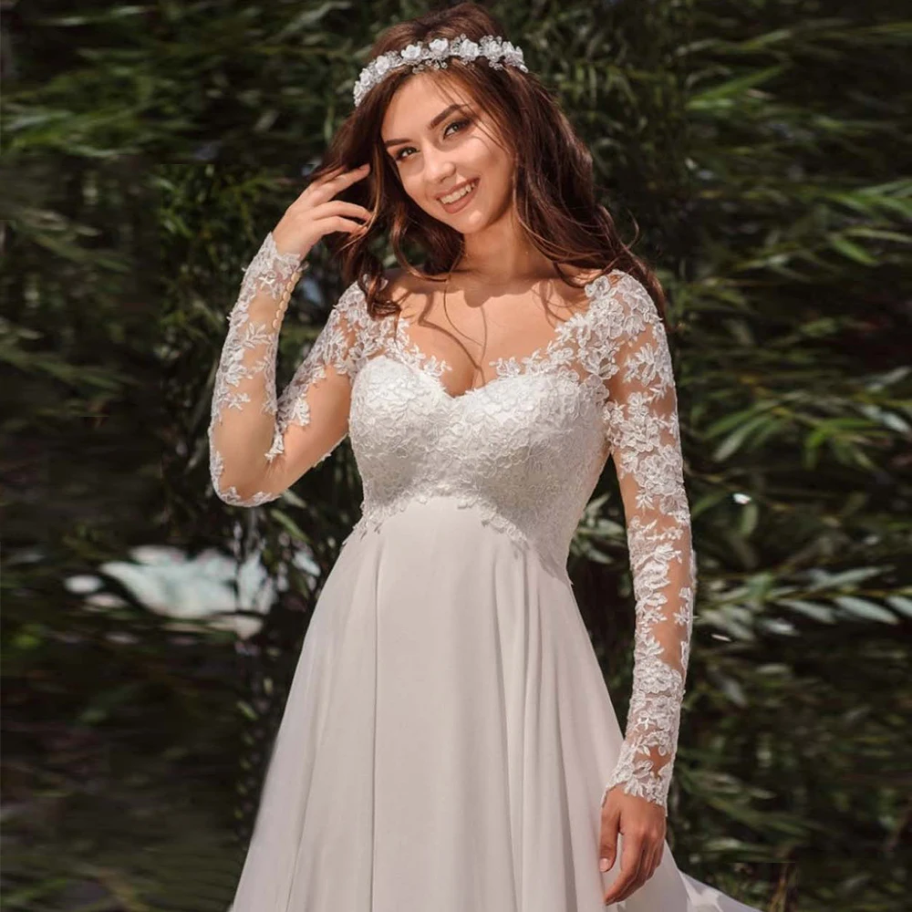 Robe de Mariée Trapèze en Mousseline de Soie, Col en V, Manches sulf, Dentelle, Dos aux, avec Traîne, Éducative, Personnalisée, pour Patients Enceintes