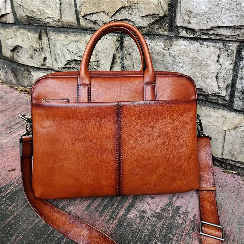 Vintage Black Coffee Brown Full Grain Vegetable Tanned Genuine Leather Men Briefcase A4 14'' Laptop Messenger Bag Portfolio 6386