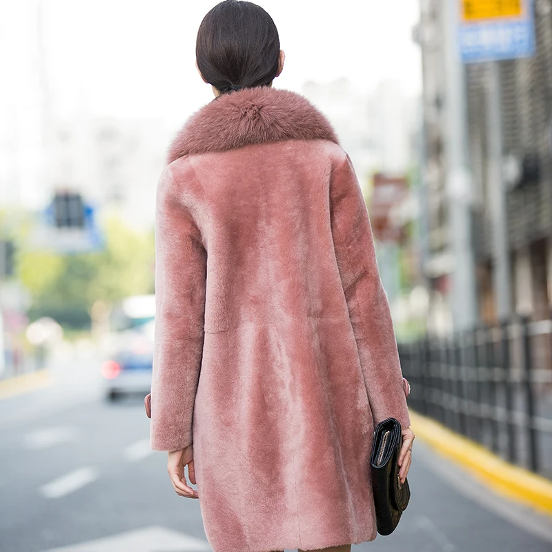 Women Real Boollili Sheep Fur Coat Winter Warm Fashion Genuine Sheepskin Leather Jacket Natural Real Large Fox Fur Collar