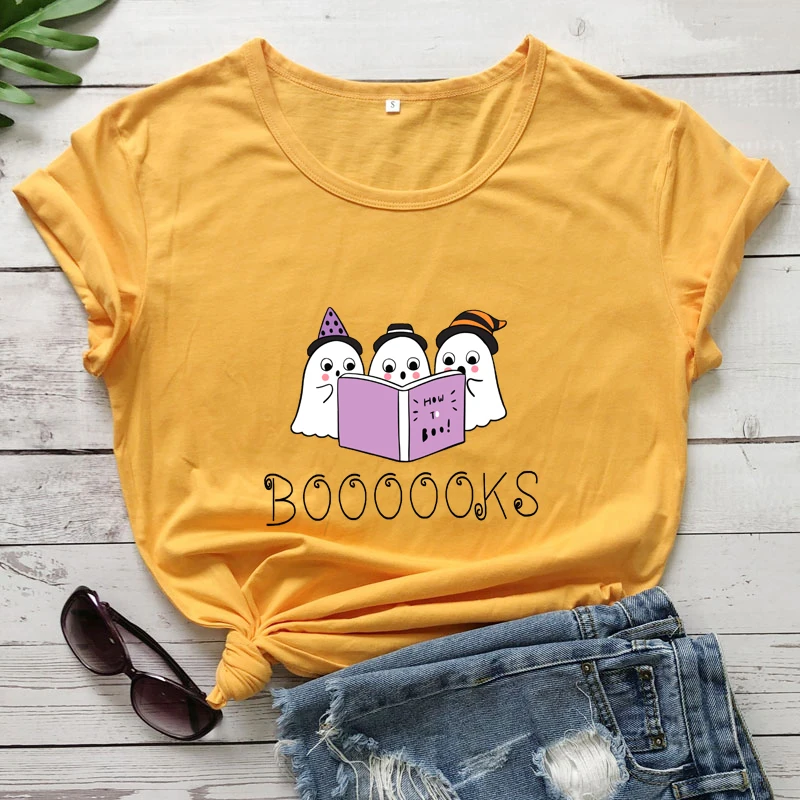 

Three Ghosts Boooooks Colored T-shirt Cute Ghost Reading Tshirt Funny Women Halloween Party Gift Tee Shirt Top