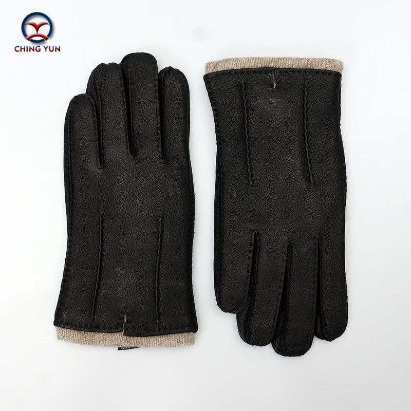 hand-stitched deerskin gloves men warm soft men\'s black corrugated gloves 70% wool lining warm in autumn and winter man mitten