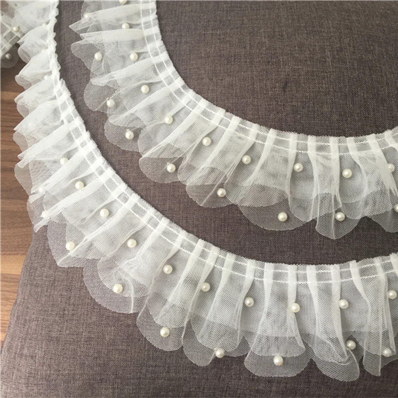 6CM Wide Modern Tulle White 3D Lace Bridal Applique Glitter Beads Ruffle Trim Wedding Dress Clothing Sewing Guipure Supplies