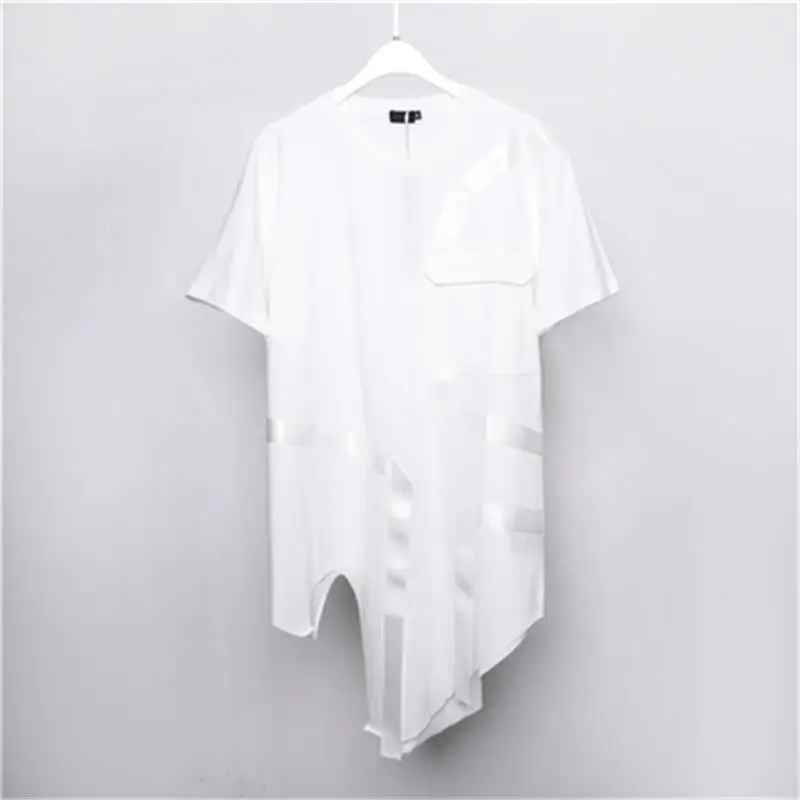 Men's Short Sleeve T-Shirt Spring/Summer Solid Color Irregular Cut Ribbon Stitching Personality Round Collar Casual T-Shirt