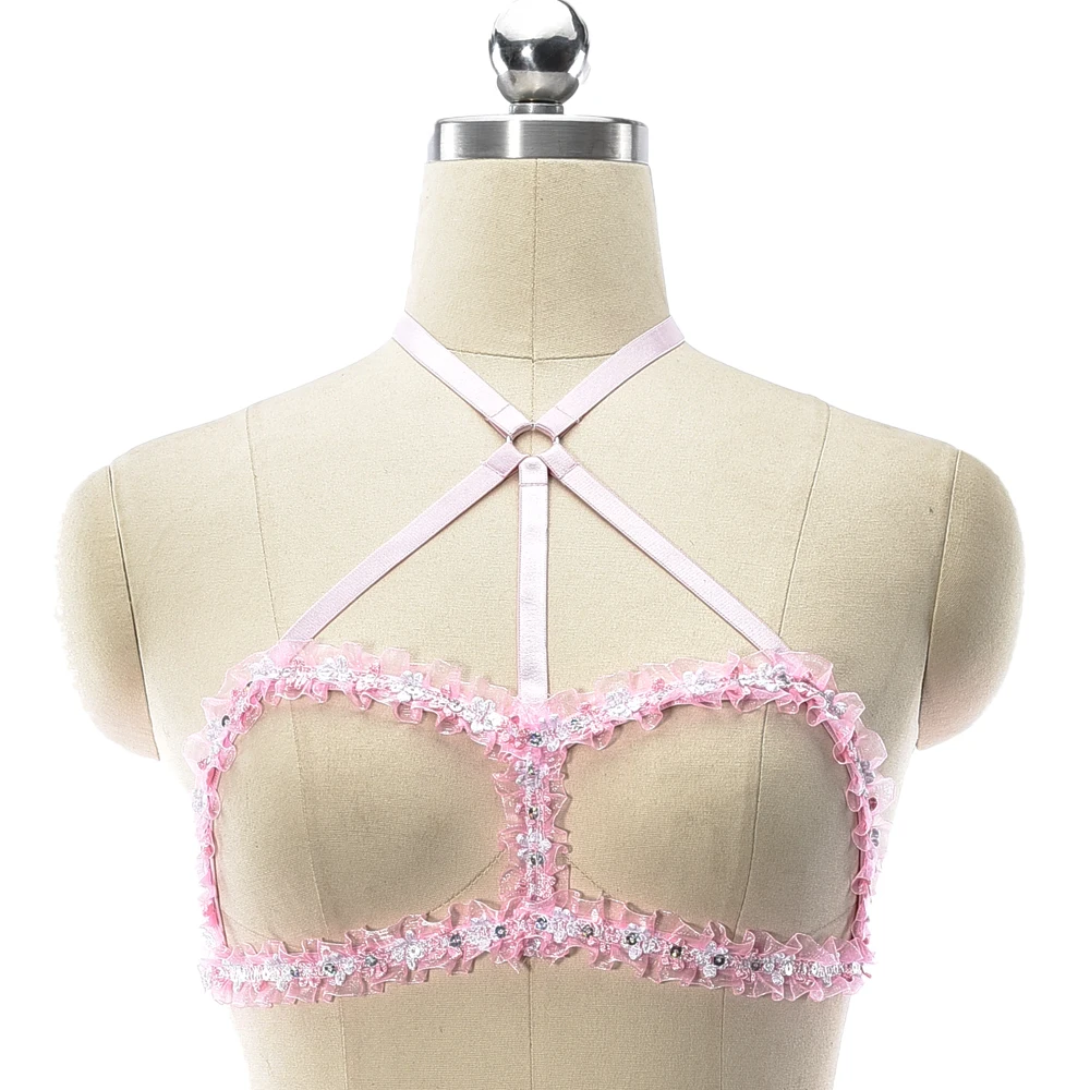 

Original Design Harness Bra Pink Lace Sexy Bondage Body Cage Open Chest Wedding Lingerie Belt Pastel Goth Body Harness Bra