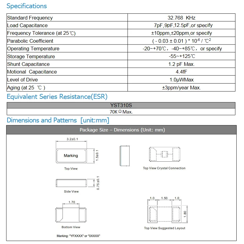 5PCS/Lot 2Pin 3215 32.768K 3.2*1.5mm SMD Passive Patch Crystal Oscillator 32.768KHZ 6PF ±10PPM Crystal Vibration 32768 Resonator