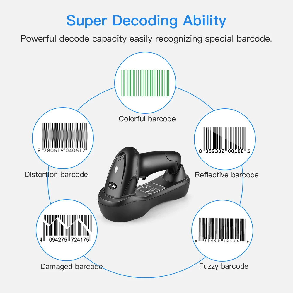 Eyoyo-Handheld Barcode Scanner sem fio, leitor, berço USB, receptor, base de carregamento, Bar Code Scan, digitalização portátil, 1D, EY-6900D