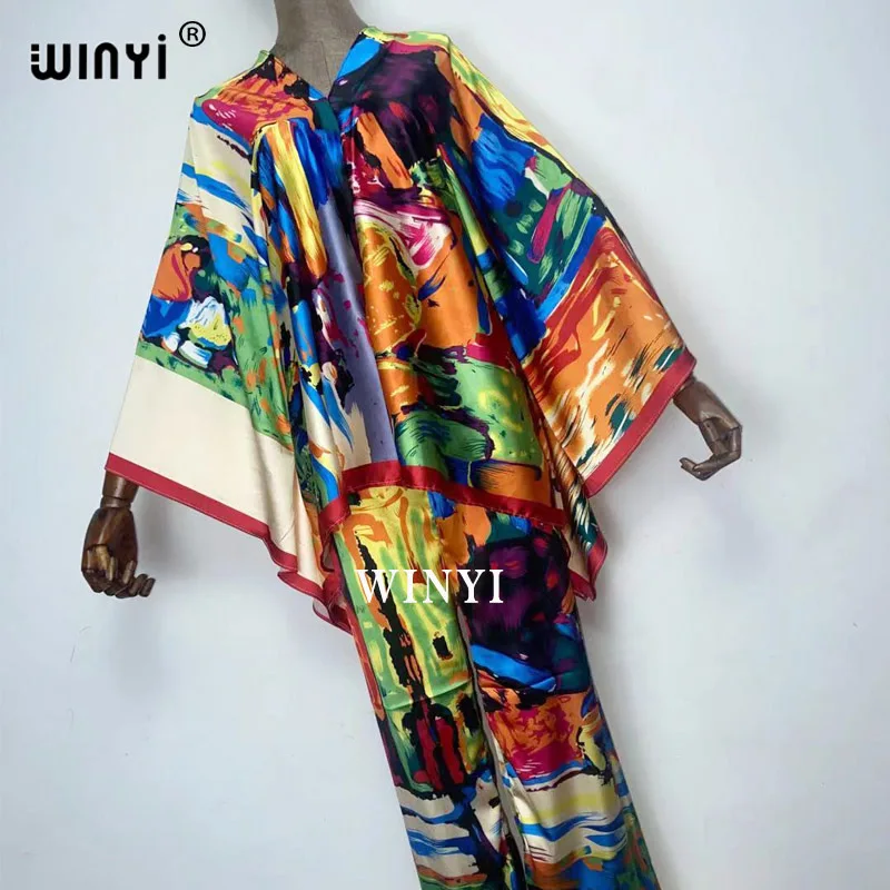 WINYI two-piece suit Bohemian Printed Over Size V-neck Batwing Sleeve Dress Women Elastic Silk Floor Length New Fashion Tide