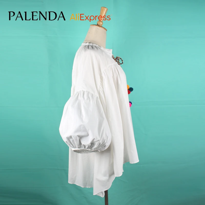 new shirt blouse top white leisure large size loose puff sleeve long v-neck with colorful pompom