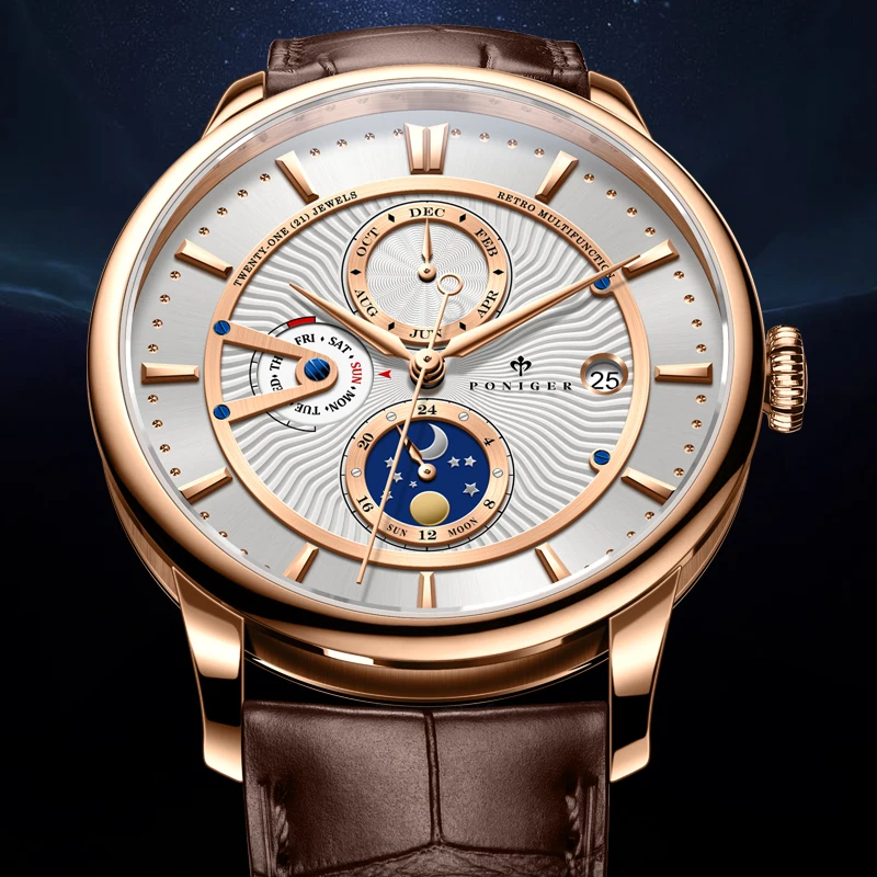 Switzerland Luxury Brand PONIGER Men Watches Japan Automatic Mechanical Multi-function Sapphire Moon Phase Waterproof Clock P813