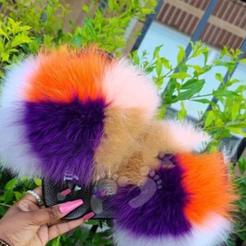 Woman Fall Spring Furry Slides Fluffy Sandals Raccoon Shoes Fuzzy Slippers Fur Flip Flops Fox Fur Slide Rainbow Designer Sandal