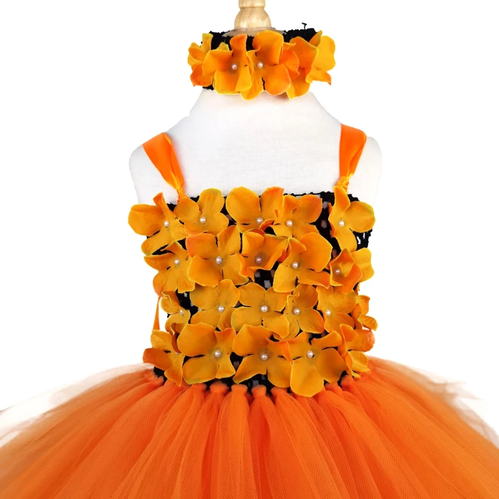 Girls Orange Flower Petals Tutu Dress Kids Black Crochet Ballet Tulle Dress with Headband Children Halloween Party Costume Dress