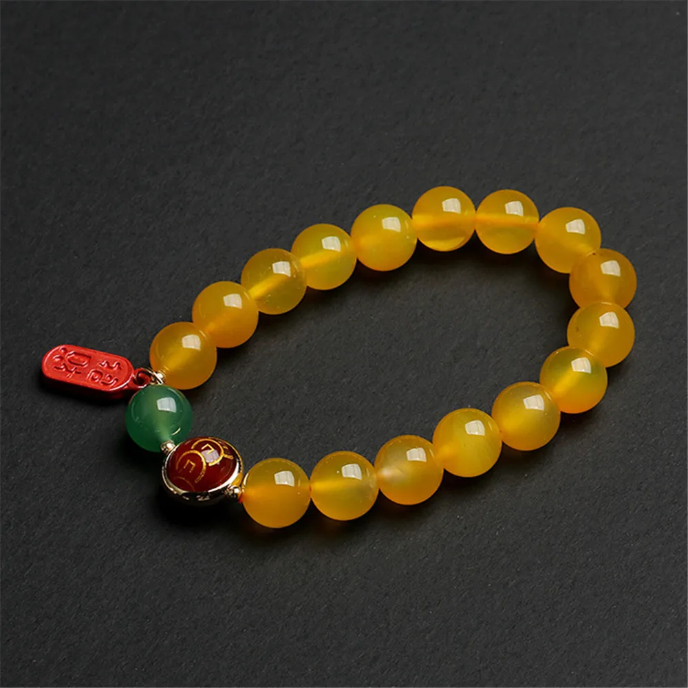 

Natural Stone Yellow Red Agate Golden Bead Cinnabar Bracelet Vintage Charm Round Chain Chinese Style Jewelry For Women Girl Gift