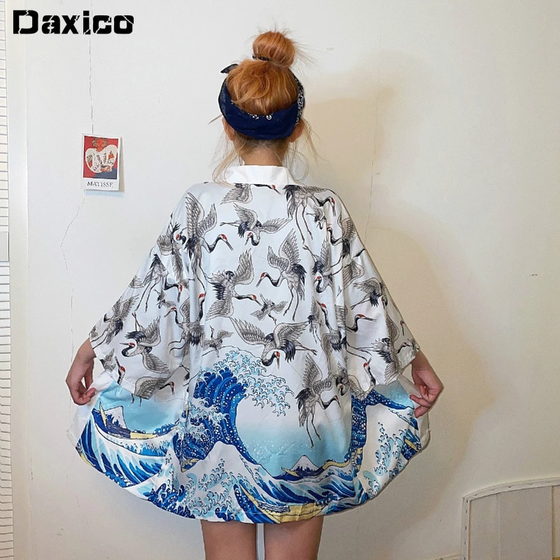 

Chinese Style Hanfu Shirt Japanese Crane Kimono Cardigan Women Sun-Proof Clothing BF Loose Female Arajuku Kawaii Blouse Obi