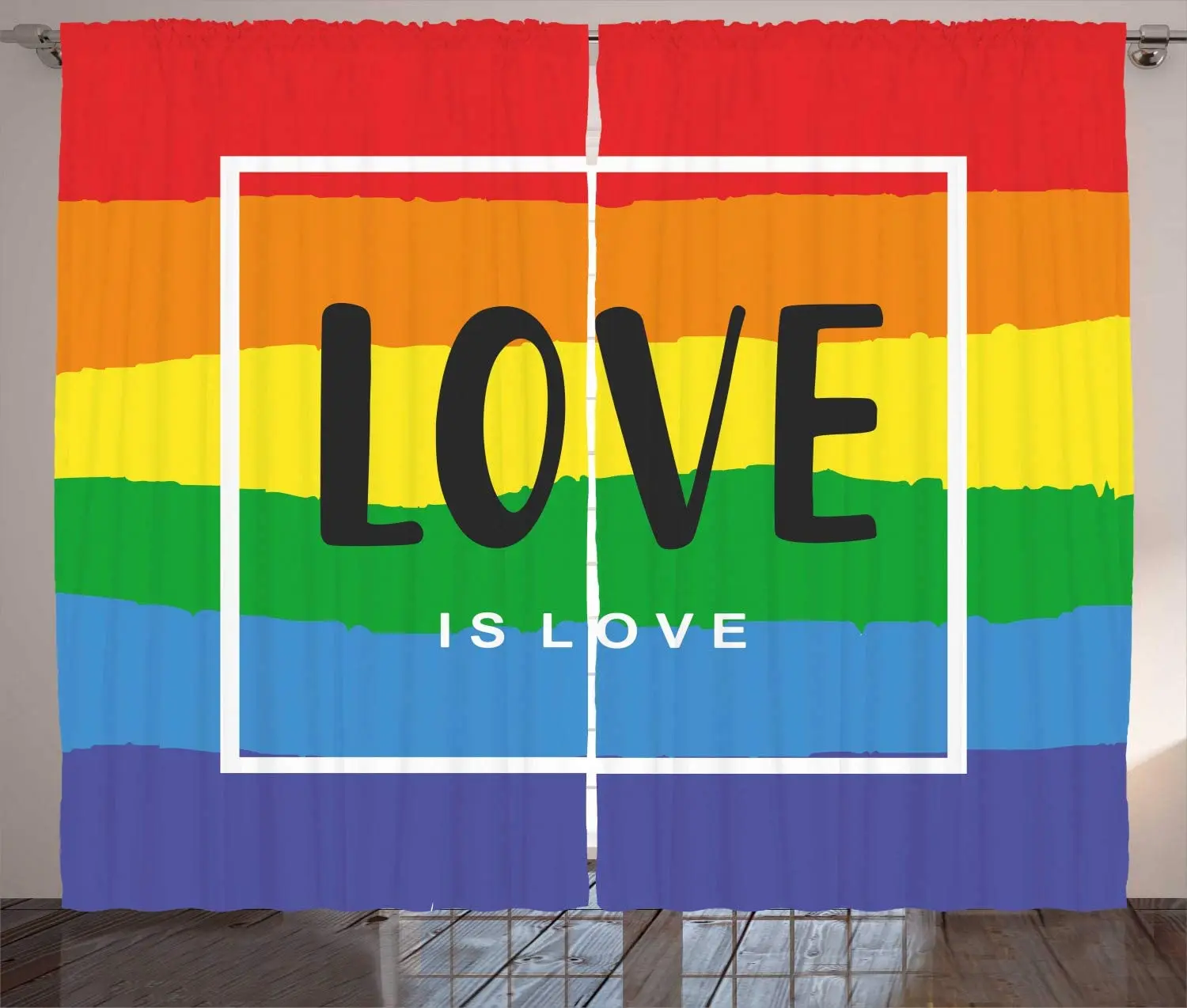 Multicolor Colorful Curtains LGBT Love is Love Lettering Square Frame Pride Rainbow Flag Print Living Room Window Drapes