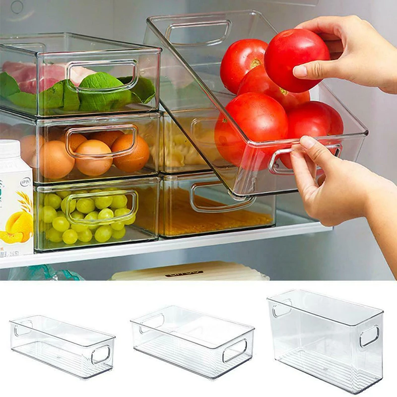 Refrigerator Organizer Stackable Fridge Food Storage Box With Handle Clear Plastic Pantry Food Freezer Organizer Kitchen Tool