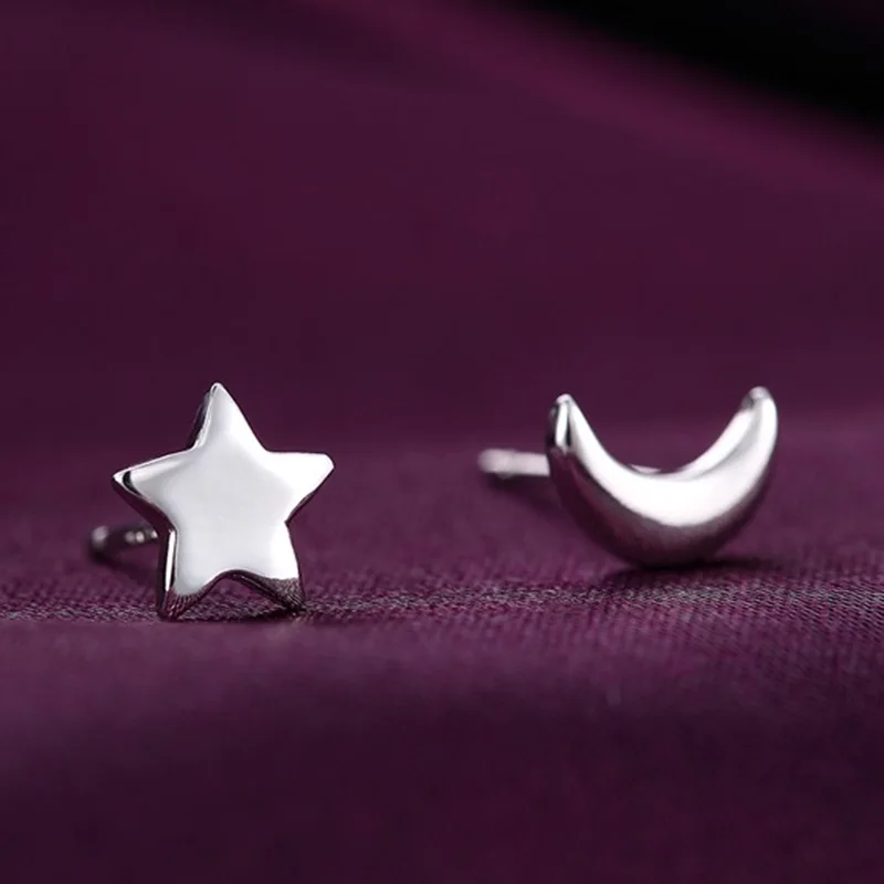 OMHXZJ Wholesale European Fashion Woman Girl Party Wedding Gift White Star Moon 925 Sterling Silver Stud Earrings EA59