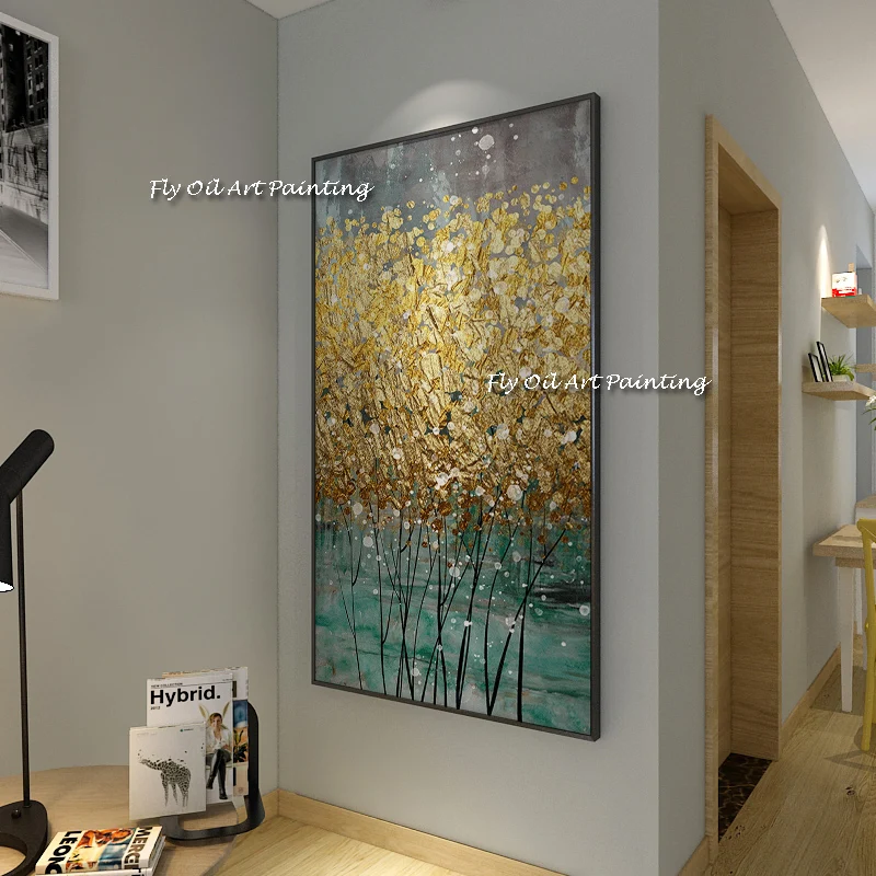 Excellent Quality 100% Handmade Abstract Golden Foils Tree Oil Painting on Canvas Picture Oil Canvas Painting for Home Decor