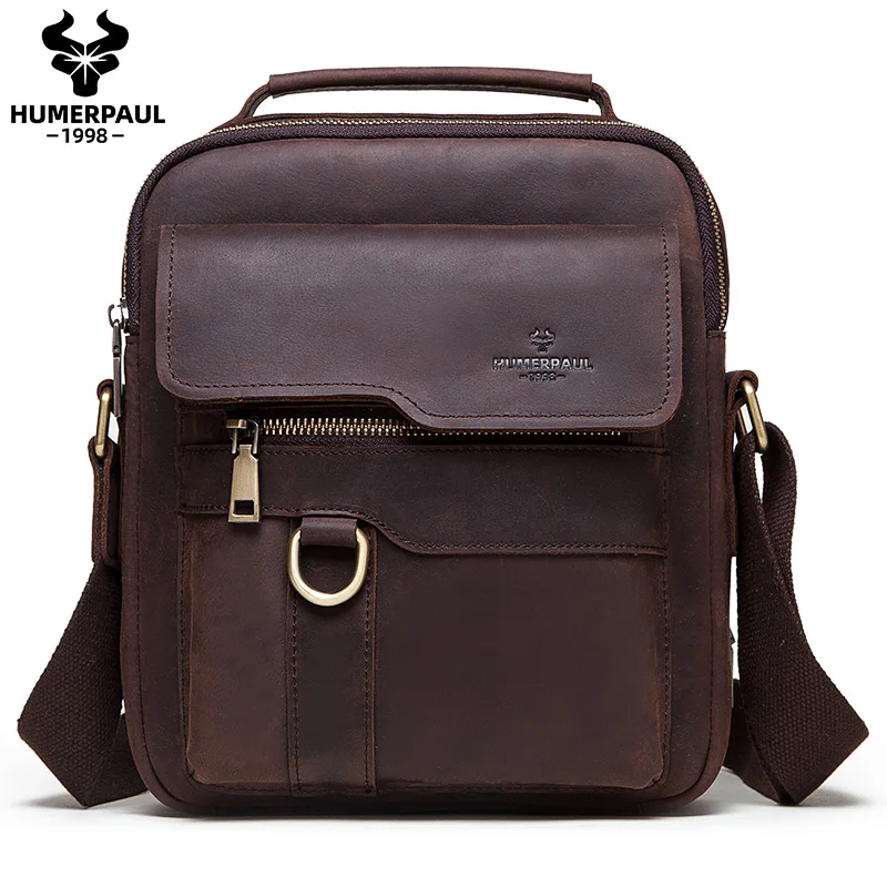 Crazy Horse Leather Men Messenger Bags New Fashion Business Casual Crossbody Leather Male Shoulder Bag Large Capacity Sling Sac