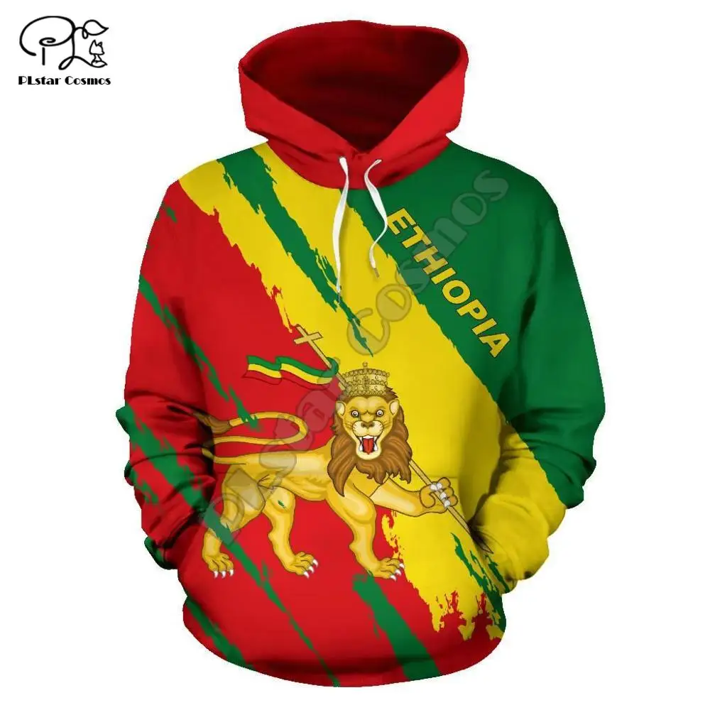 Hoodie 3D Gambar Penuh Ethiopia Pria Wanita Kaus Berbendera Negara Lucu Ritsleting Lengan Panjang Berkerudung Mode Pullover Singa Uniseks